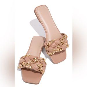 Nude Gold Chain Quilted Braided Slip On Sandals Flats Shoes